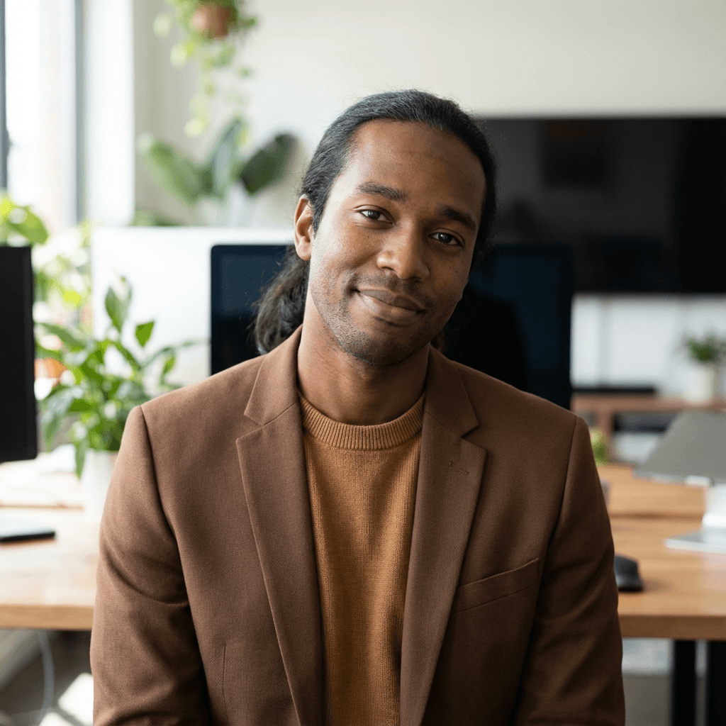 Male consultant in his 40s, White, professional and approachable, standing in a bright office