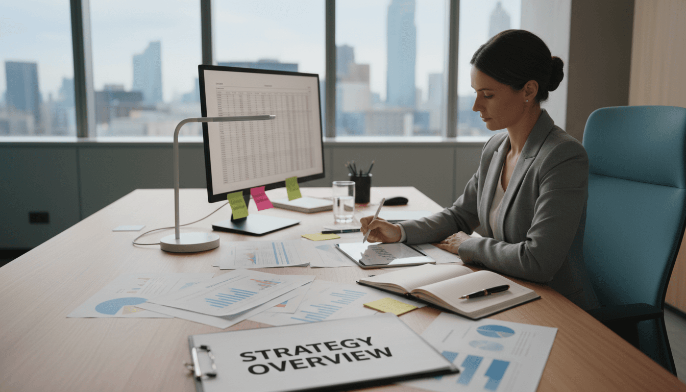 Consultant reviewing documents with a focused expression in a bright office