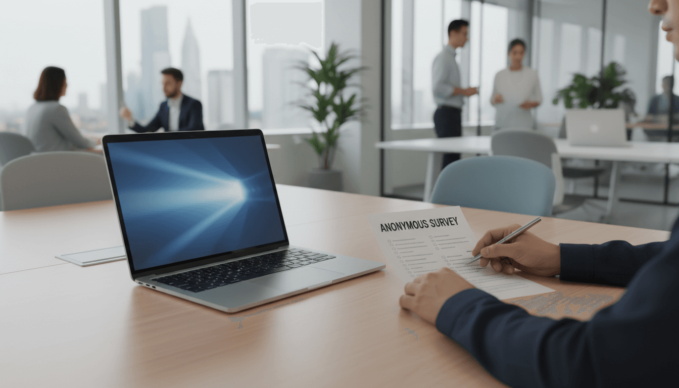 Person completing an anonymous survey on a laptop in a modern office