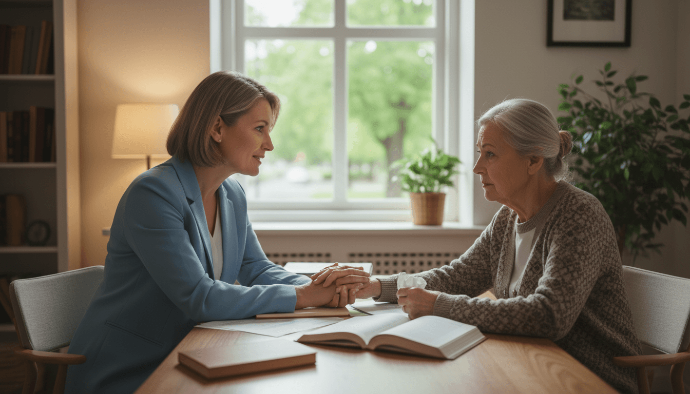 Compassionate advisor speaking with concerned older adult at quiet office table