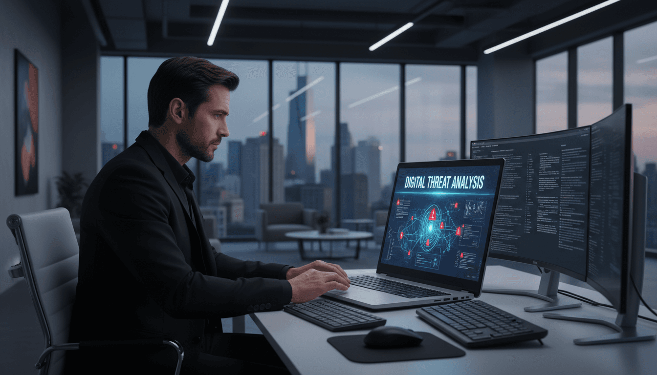 Professional consultant reviewing scam prevention data on a laptop in a modern office