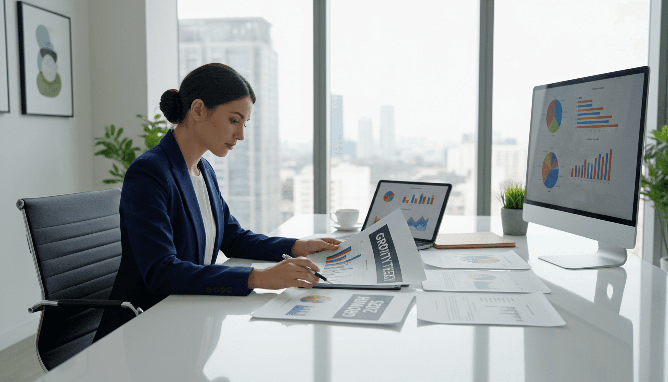 Professional consultant reviewing strategy documents in a modern office
