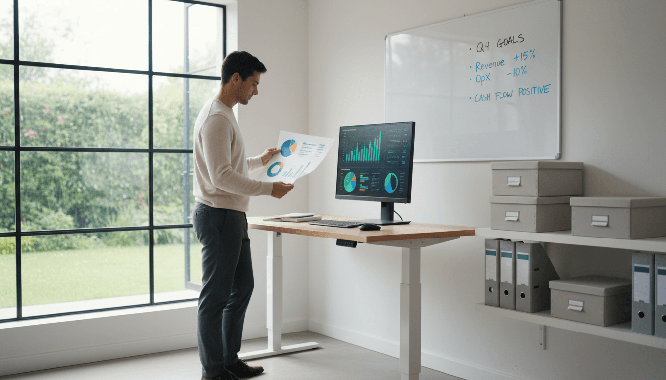 Analyst reviewing financial charts and reports at a neat desk