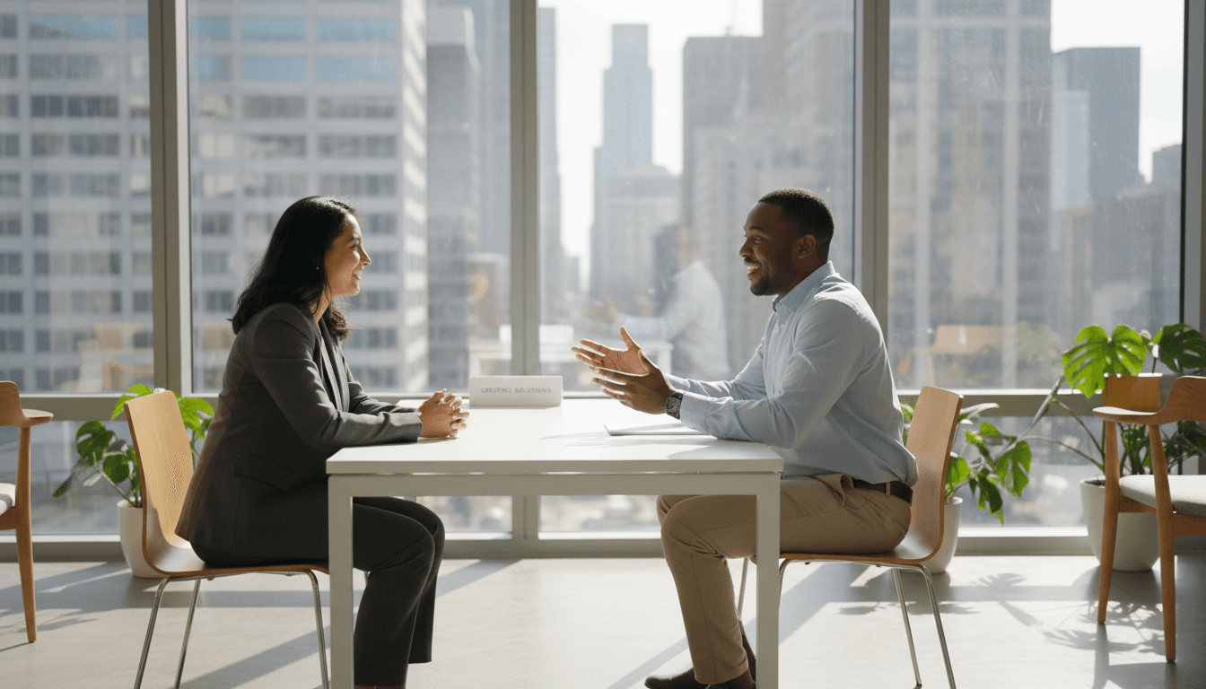 Consultant meeting with client in a modern office