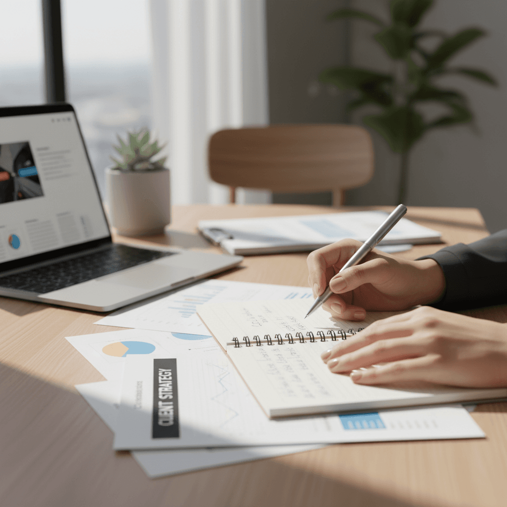 Consultant in a bright office reviewing documents with a client