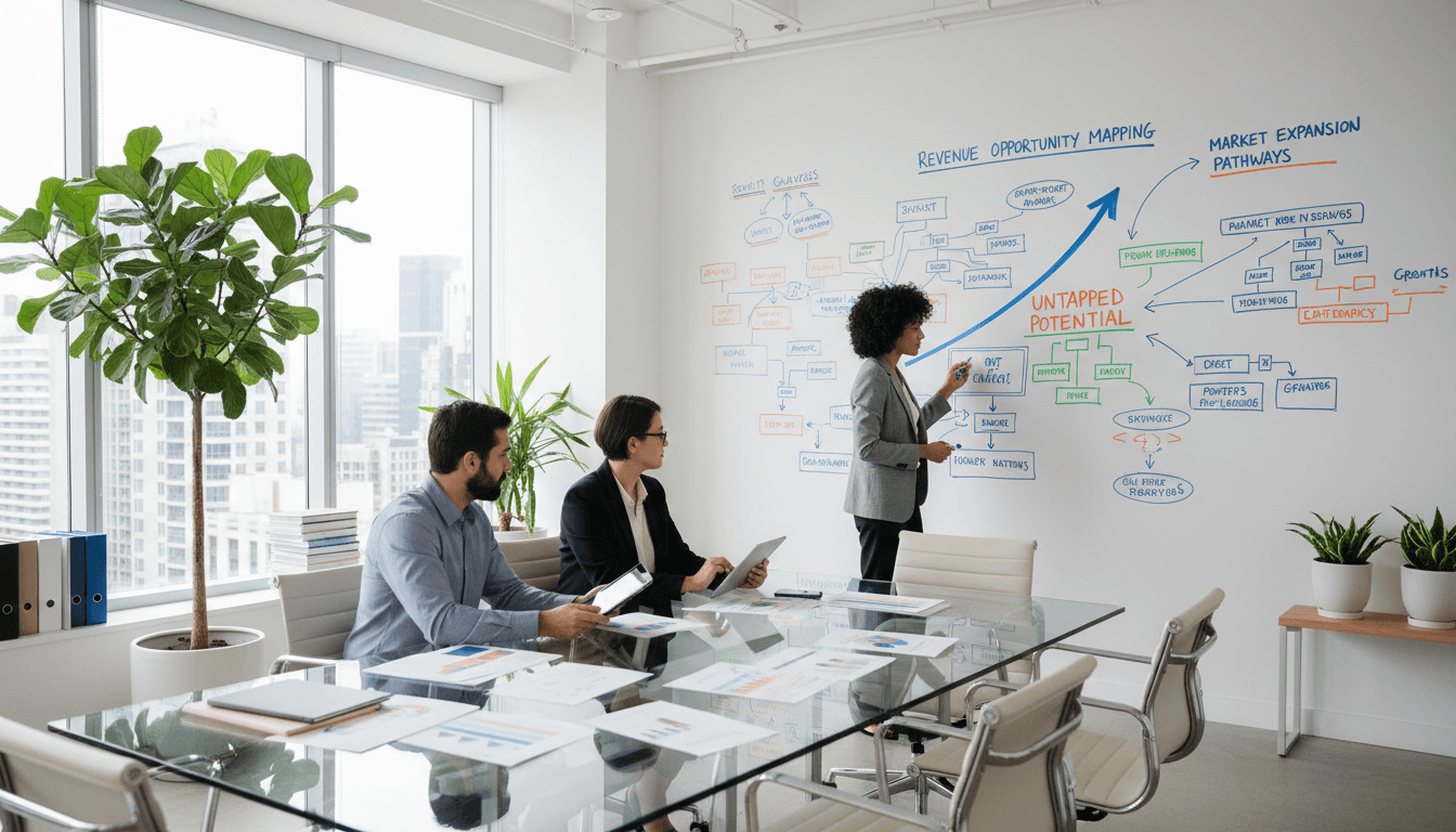 Consulting team reviewing strategy documents in a modern office
